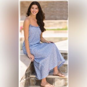 Simply Southern Dots Blue Pom Pom Maxi Dress Preppy Effortless Beach Nautical